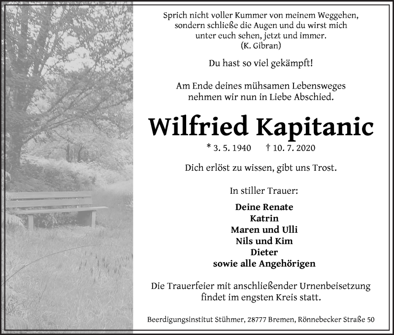 Traueranzeige von Wilfried Kapitanic von Die Norddeutsche