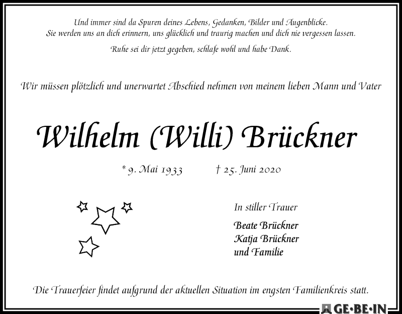 Traueranzeige von Wilhelm Brückner von WESER-KURIER