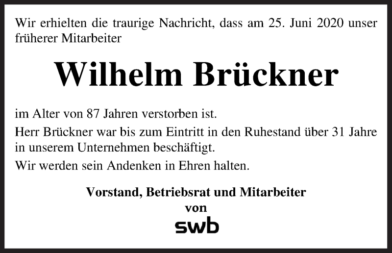 Traueranzeige von Wilhelm Brückner von WESER-KURIER