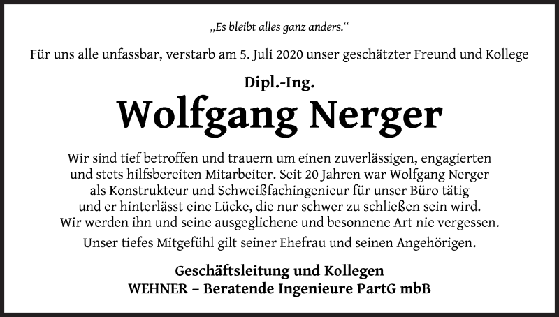 Traueranzeige von Wolfgang Nerger von Die Norddeutsche