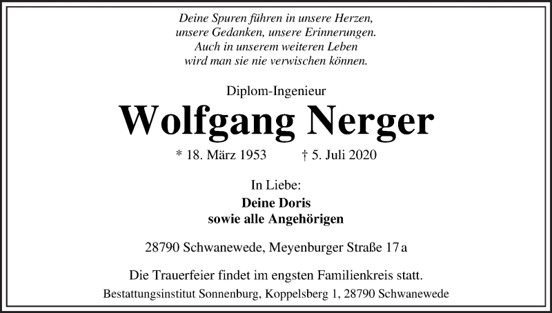 Traueranzeige von Wolfgang Nerger von Die Norddeutsche