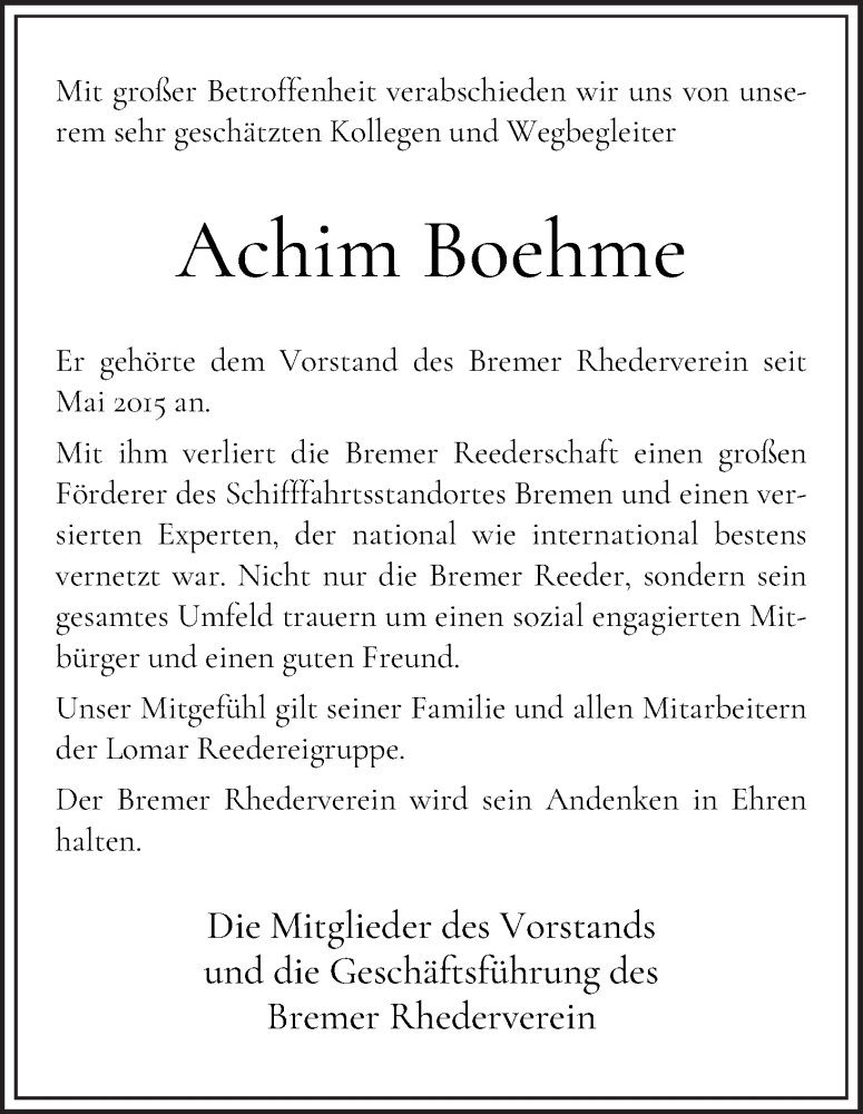 Traueranzeige von Achim Boehme von WESER-KURIER