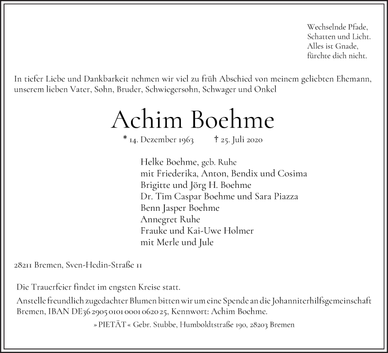 Traueranzeige von Achim Boehme von WESER-KURIER