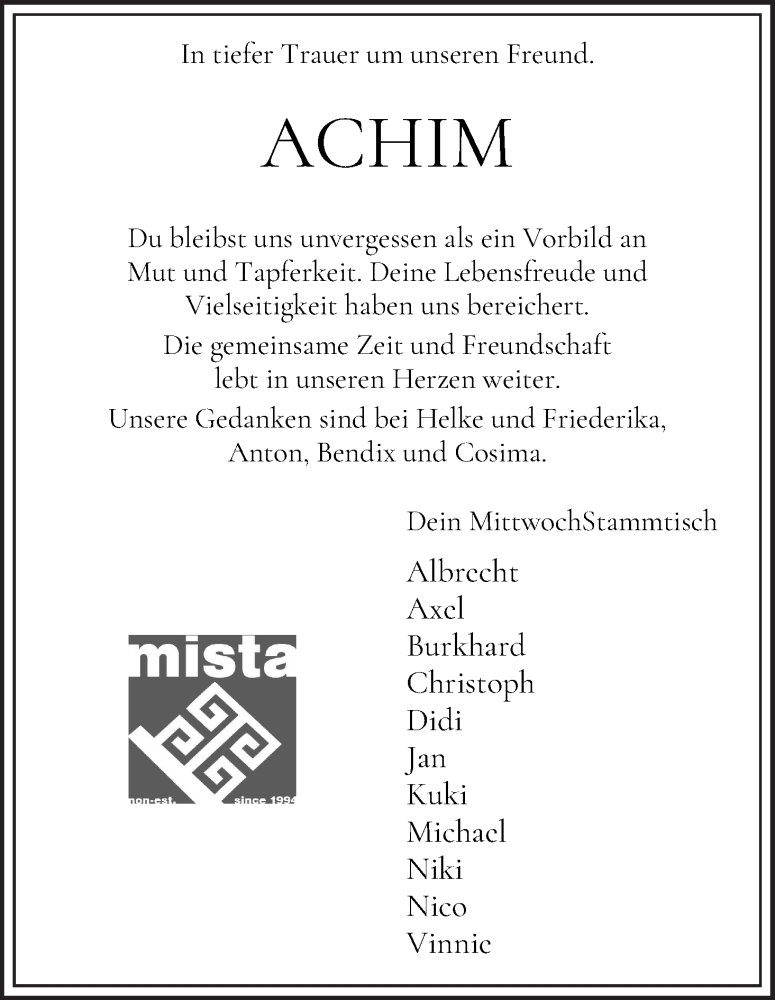 Traueranzeige von Achim Boehme von WESER-KURIER