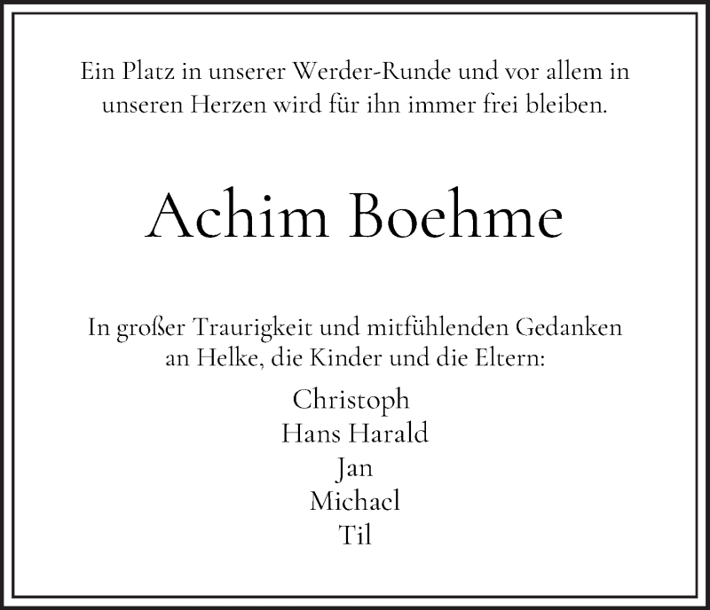 Traueranzeige von Achim Boehme von WESER-KURIER