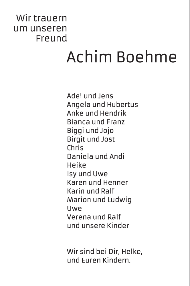 Traueranzeige von Achim Boehme von WESER-KURIER