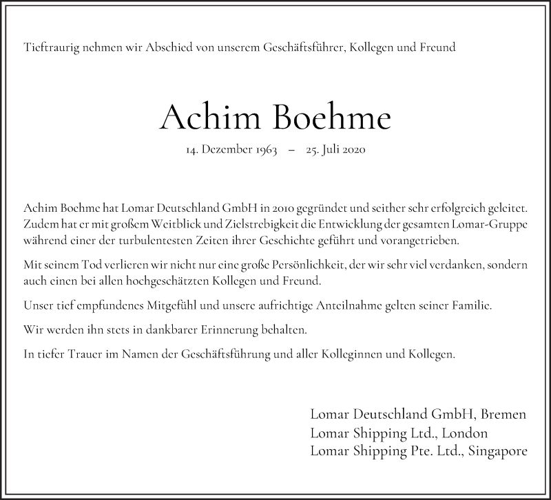 Traueranzeige von Achim Boehme von WESER-KURIER