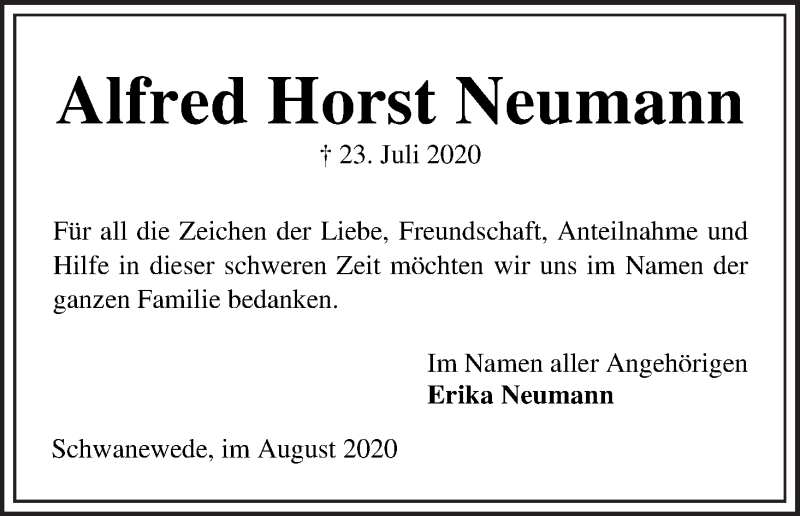 Traueranzeige von Alfred Horst Neumann von Die Norddeutsche