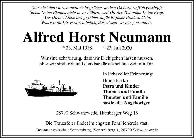 Traueranzeige von Alfred Horst Neumann von Die Norddeutsche