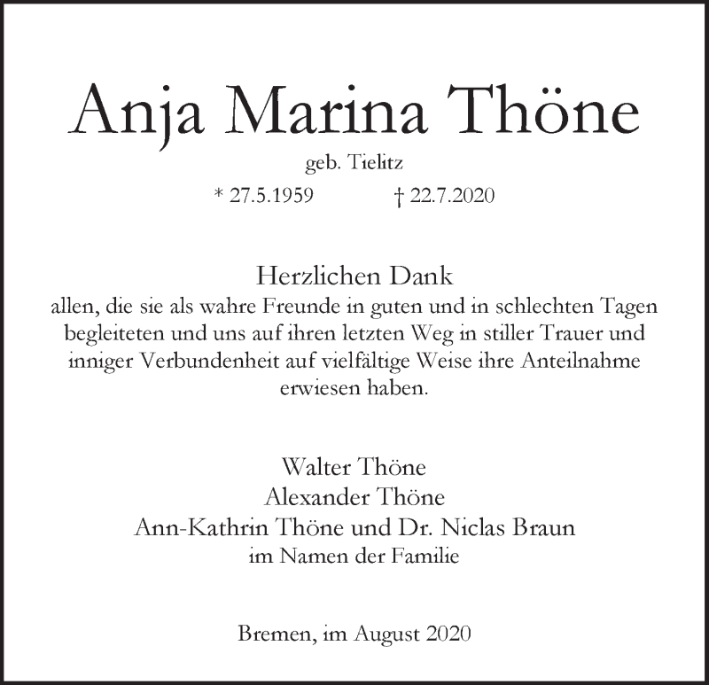 Traueranzeige von Anja Marina Thöne von WESER-KURIER