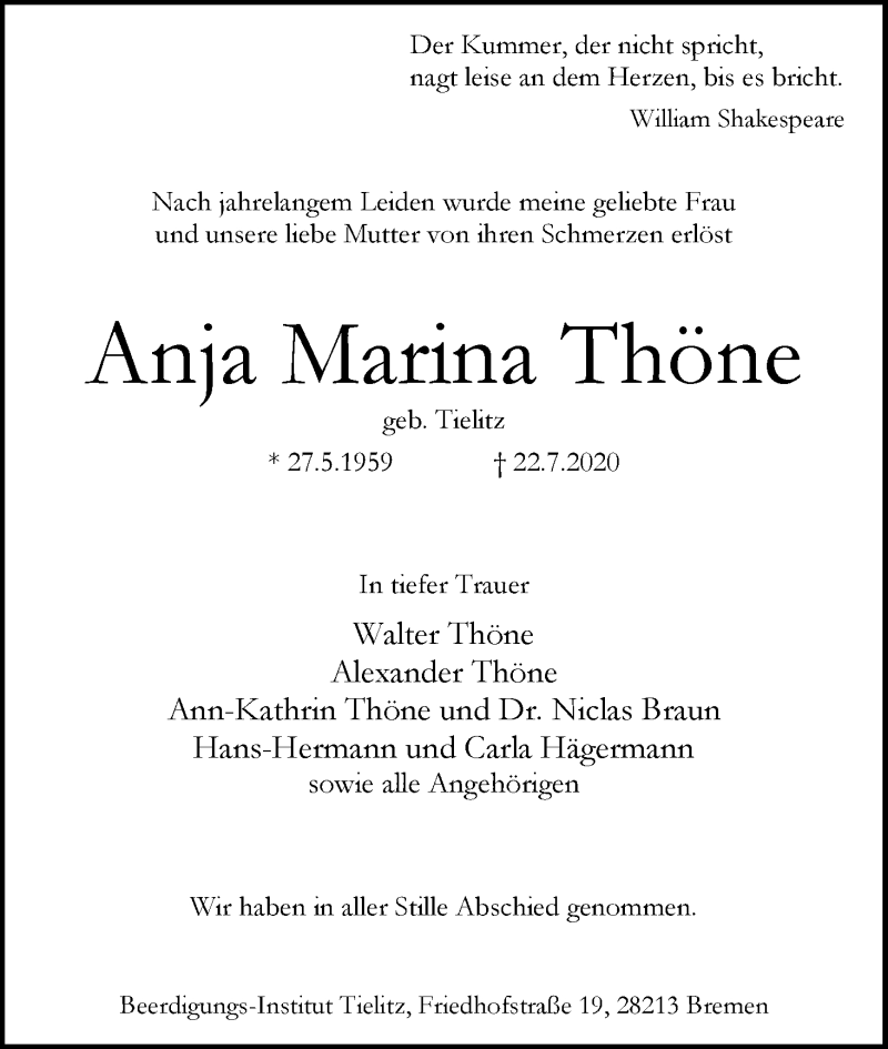 Traueranzeige von Anja Marina Thöne von WESER-KURIER