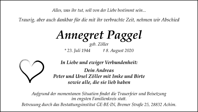 Traueranzeige von Annegret Paggel von Achimer Kurier/Verdener Nachrichten