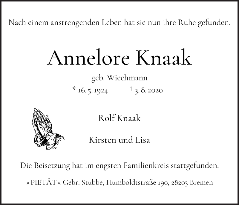 Traueranzeige von Annelore Knaak von WESER-KURIER