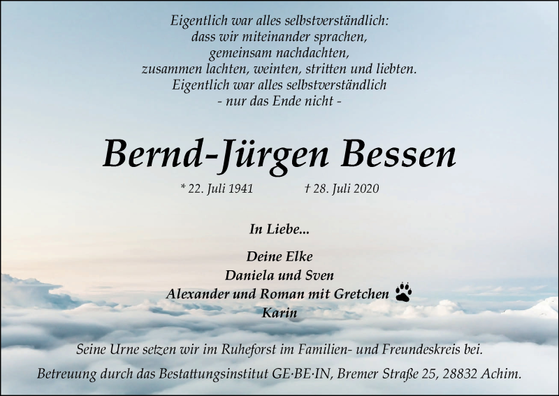 Traueranzeige von Bernd Jürgen Bessen von Achimer Kurier/Verdener Nachrichten