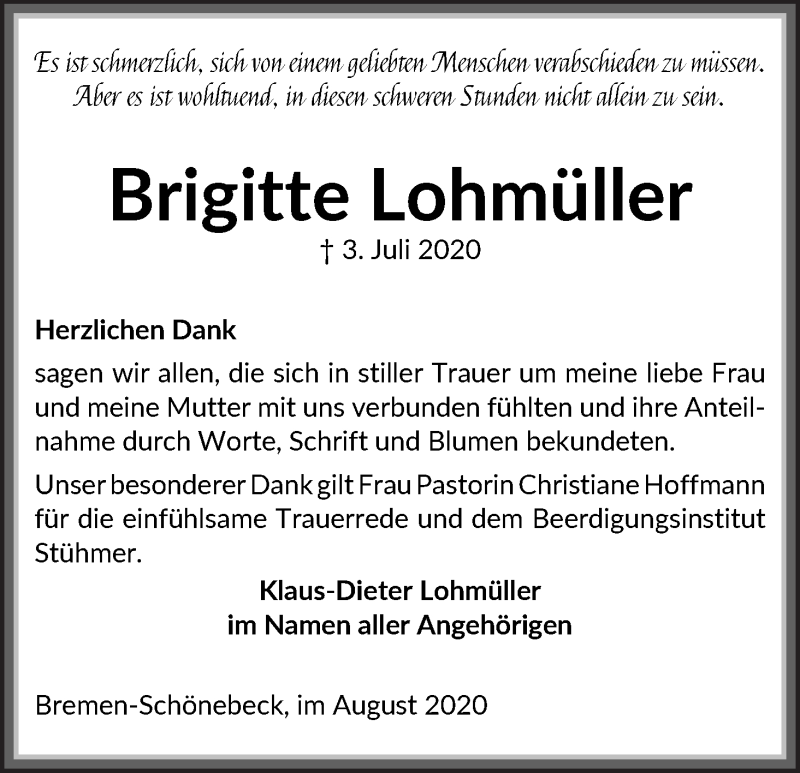 Traueranzeige von Brigitte Lohmüller von Die Norddeutsche
