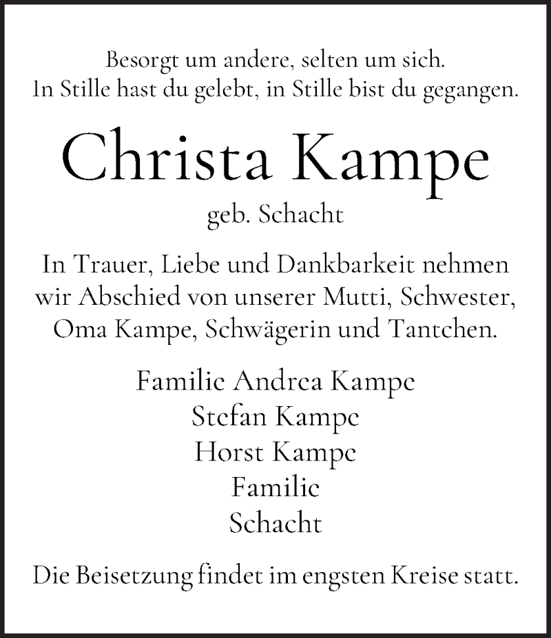 Traueranzeige von Christa Kampe von WESER-KURIER