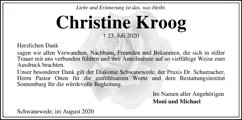 Traueranzeige von Christine Kroog von Die Norddeutsche
