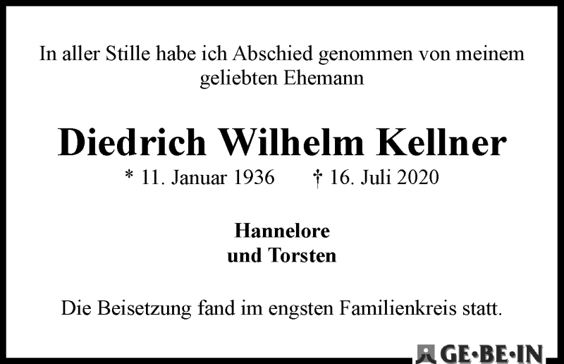 Traueranzeige von Diedrich Wilhelm Kellner von WESER-KURIER