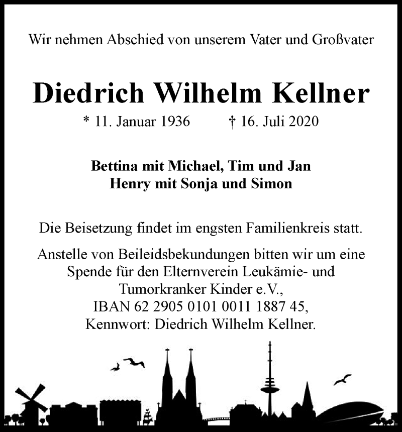 Traueranzeige von Diedrich Wilhelm Kellner von WESER-KURIER