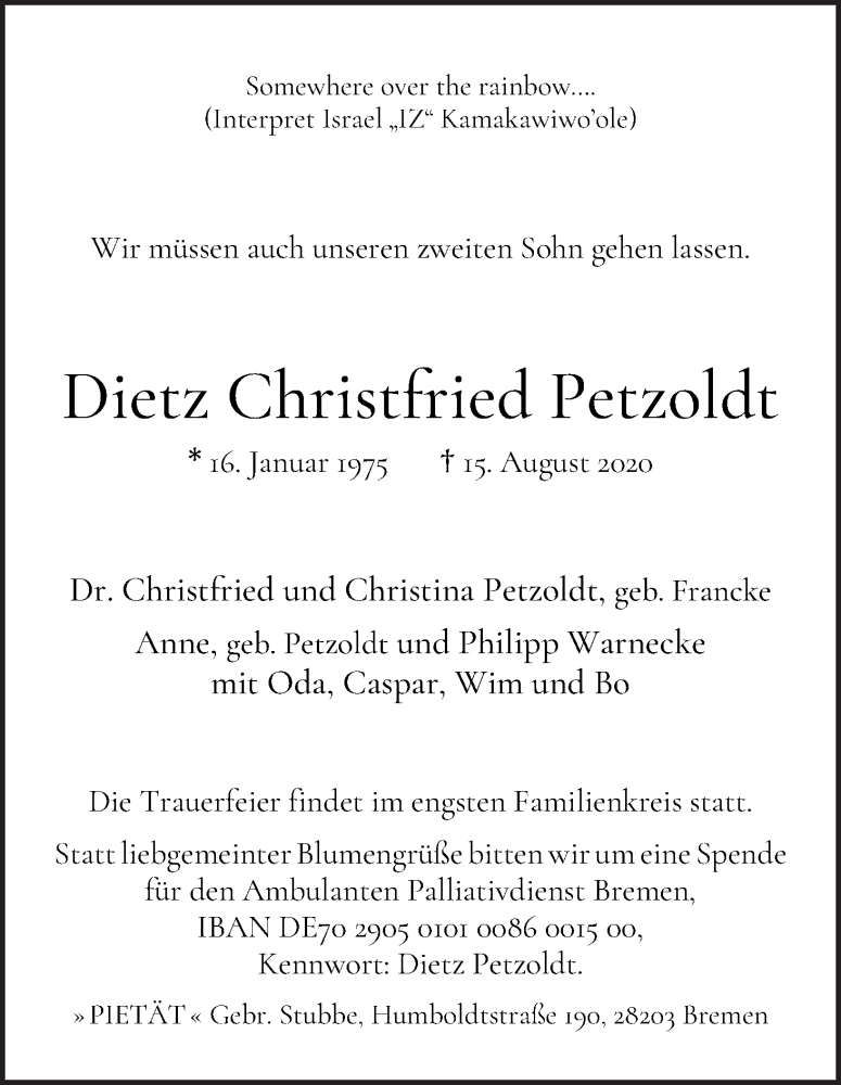 Traueranzeige von Dietz Christfried Petzoldt von WESER-KURIER