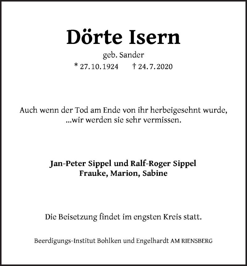 Traueranzeige von Dörte Isern von WESER-KURIER