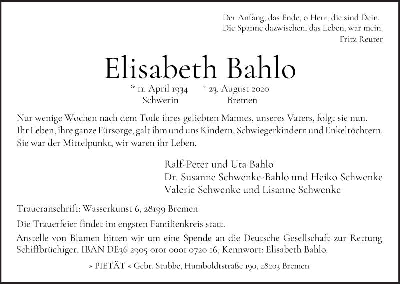 Traueranzeige von Elisabeth Bahlo von WESER-KURIER