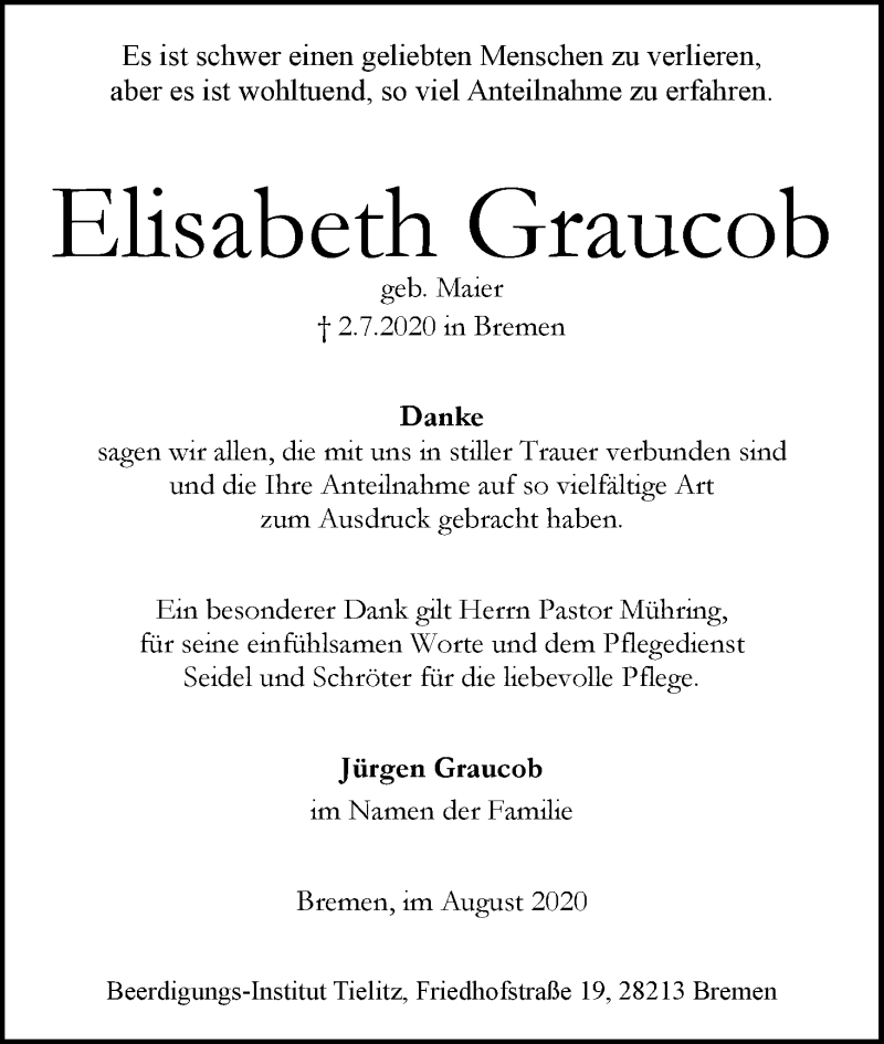 Traueranzeige von Elisabeth Graucob von WESER-KURIER