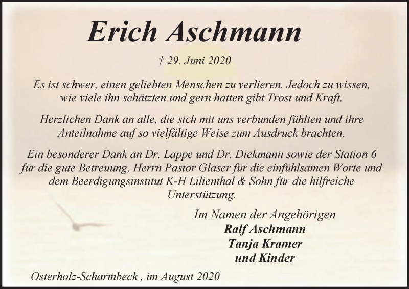 Traueranzeige von Erich Aschmann von Osterholzer Kreisblatt