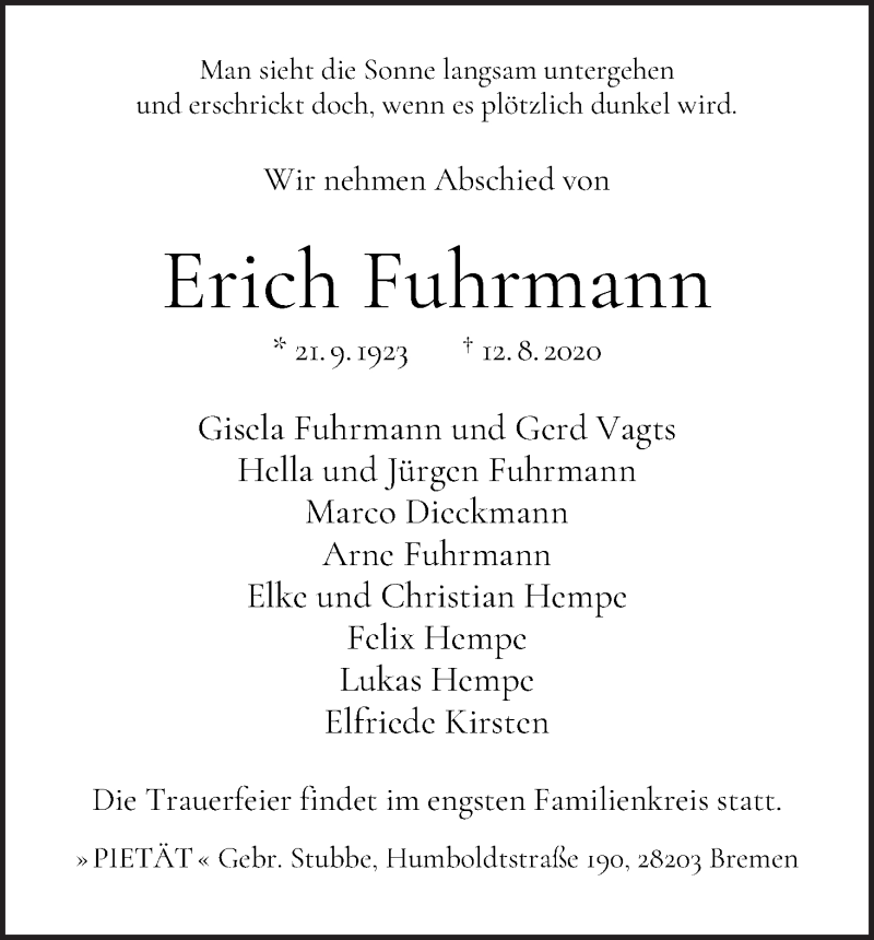 Traueranzeige von Erich Fuhrmann von WESER-KURIER