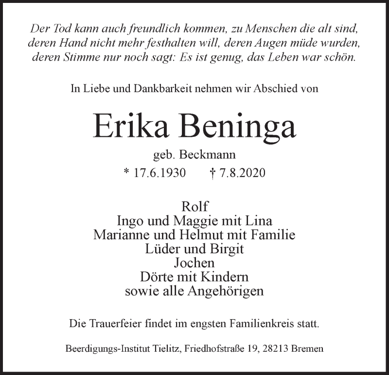 Traueranzeige von Erika Beninga von WESER-KURIER