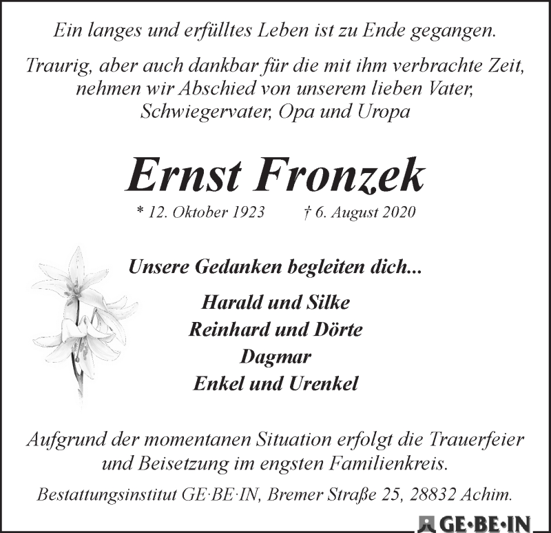 Traueranzeige von Ernst Fronzek von WESER-KURIER