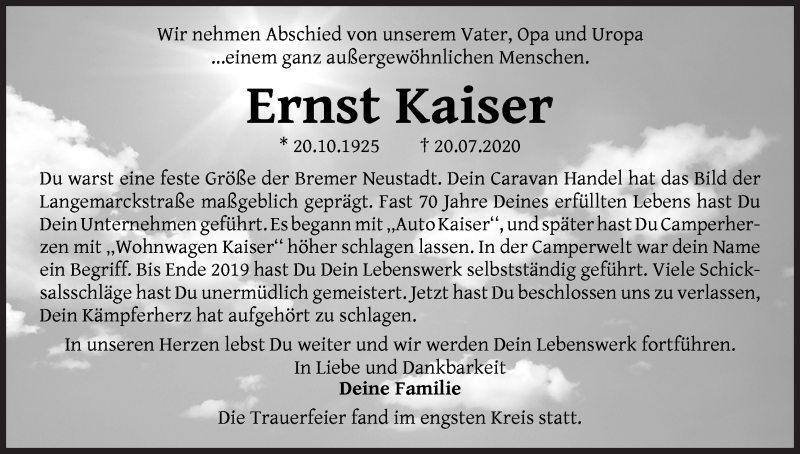Traueranzeige von Ernst Kaiser von WESER-KURIER