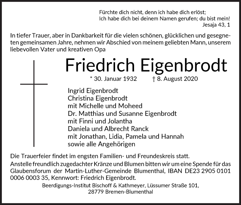 Traueranzeige von Friedrich Eigenbrodt von Die Norddeutsche