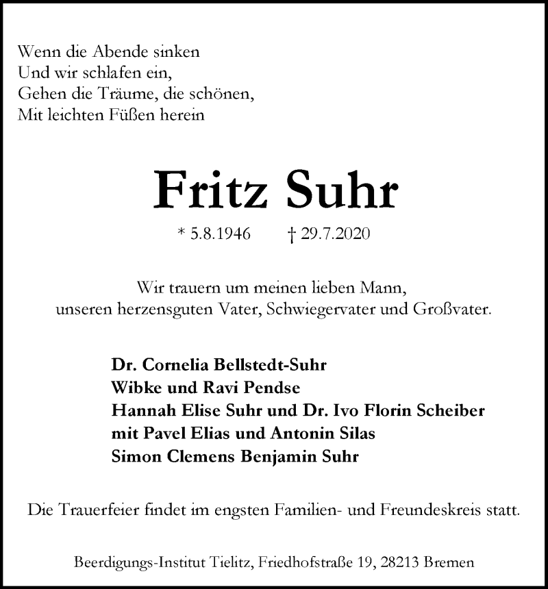 Traueranzeige von Fritz Suhr von WESER-KURIER