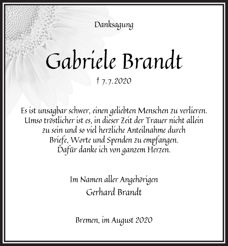 Traueranzeige von Gabriele Brandt von WESER-KURIER