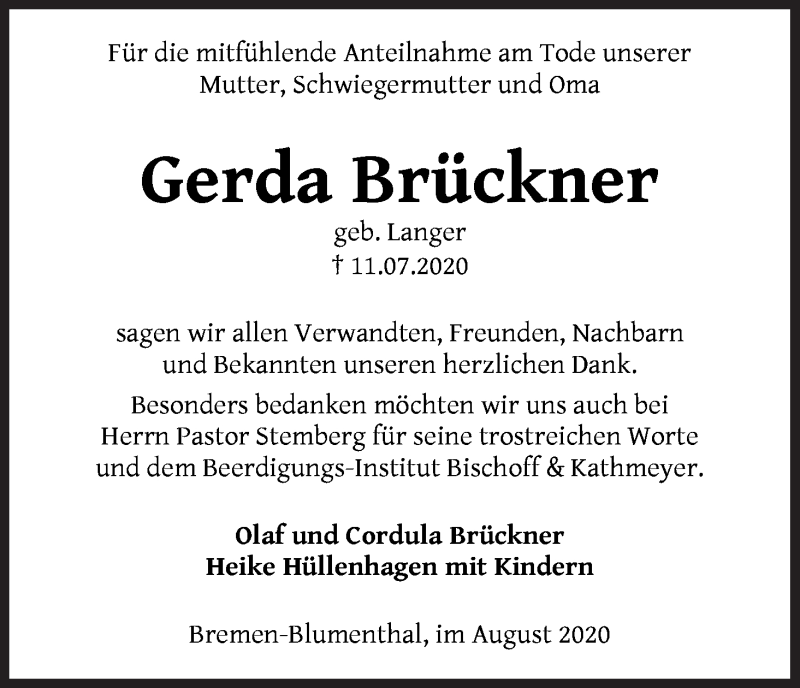 Traueranzeige von Gerda Brückner von Die Norddeutsche