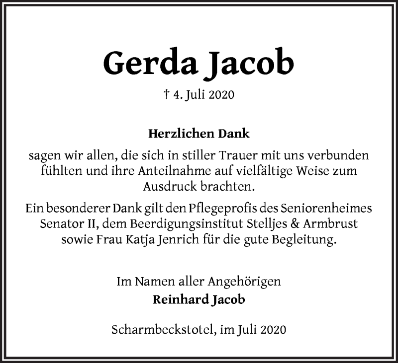 Traueranzeige von Gerda Jacob von Osterholzer Kreisblatt