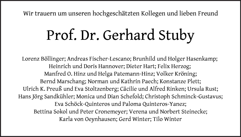 Traueranzeige von Gerhard Stuby von WESER-KURIER