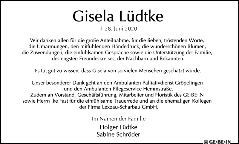 Traueranzeige von Gisela Lüdtke von WESER-KURIER