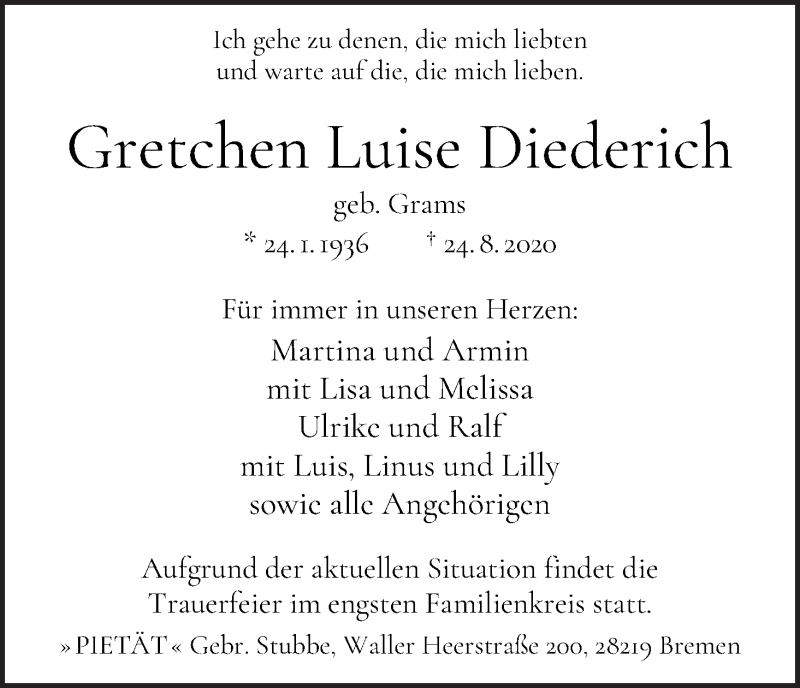 Traueranzeige von Gretchen Luise Diederich von WESER-KURIER