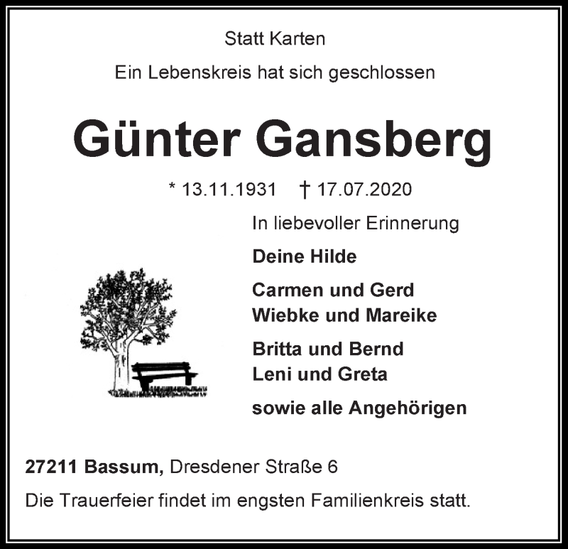 Traueranzeige von Günter Gansberg von WESER-KURIER