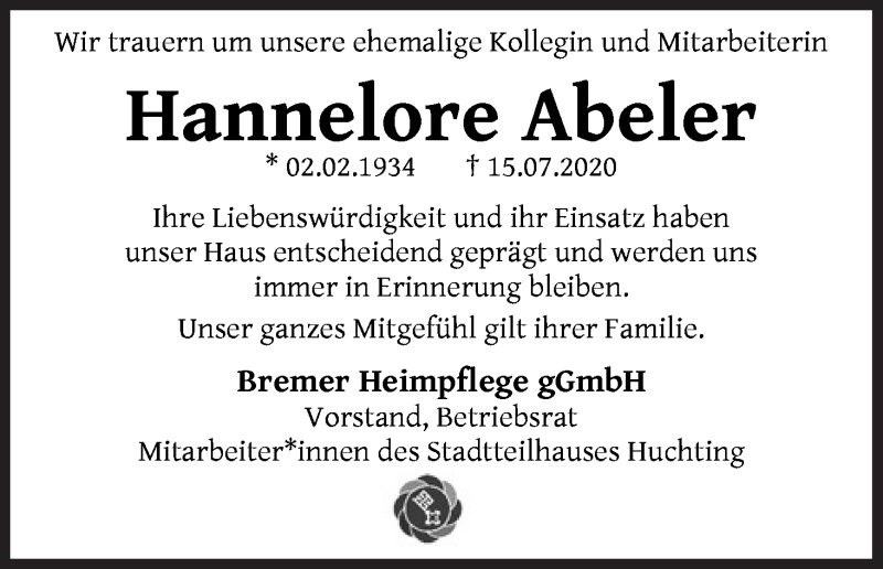 Traueranzeige von Hannelore Abeler von WESER-KURIER