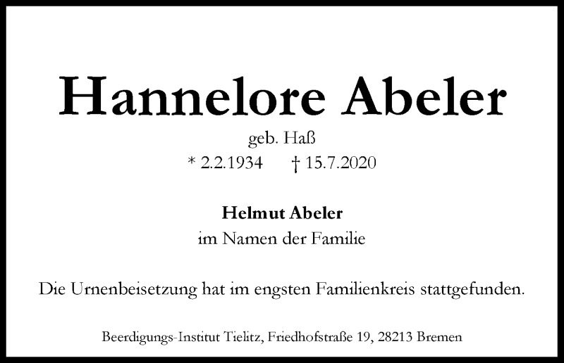 Traueranzeige von Hannelore Abeler von WESER-KURIER