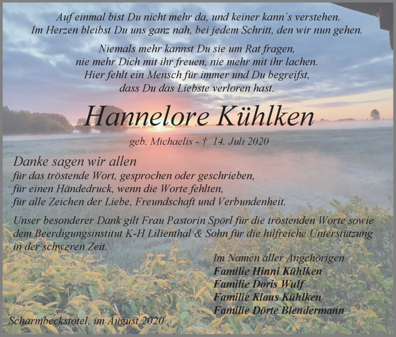 Traueranzeige von Hannelore Kühlken von Osterholzer Kreisblatt
