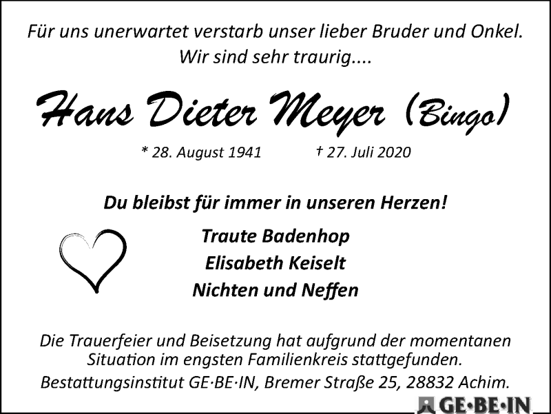 Traueranzeige von Hans Dieter Meyer von WESER-KURIER