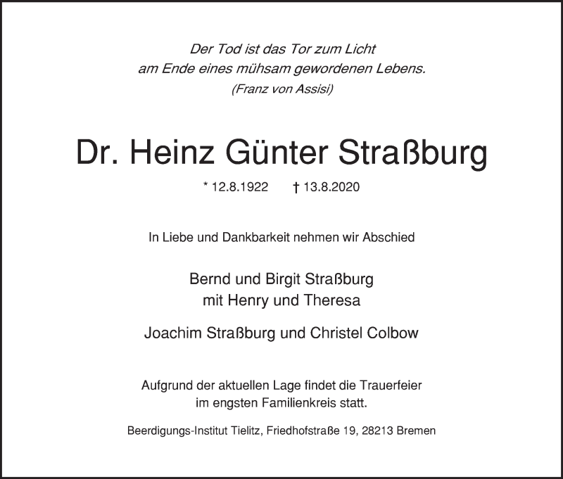 Traueranzeige von Heinz Günter Straßburg von WESER-KURIER