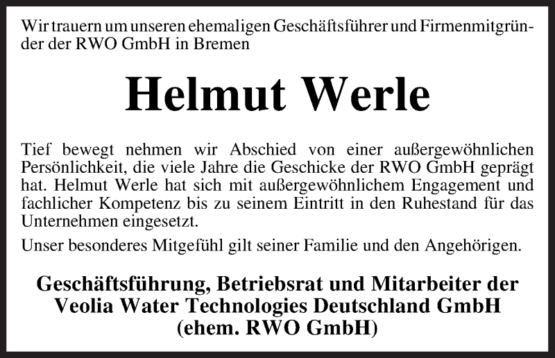 Traueranzeige von Helmut Werle von WESER-KURIER