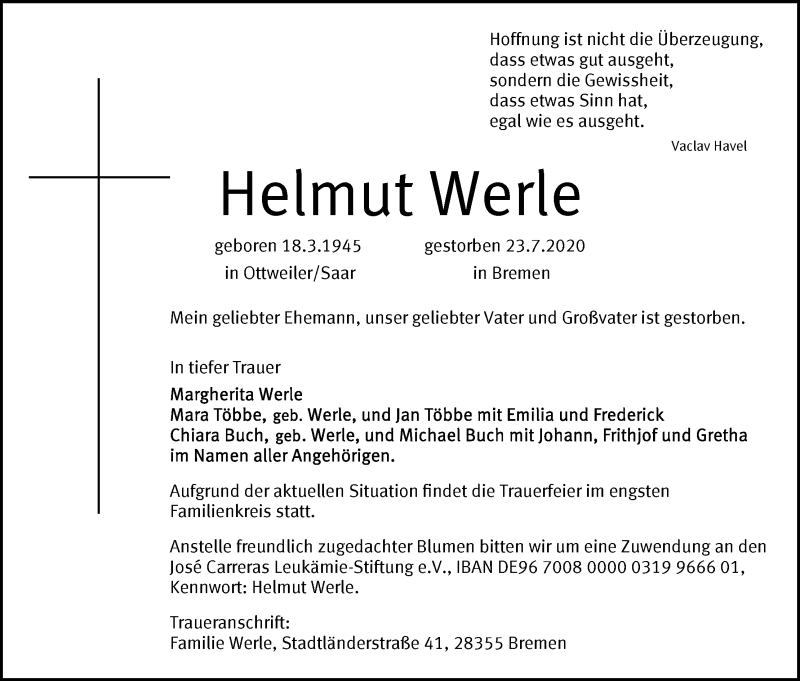 Traueranzeige von Helmut Werle von WESER-KURIER