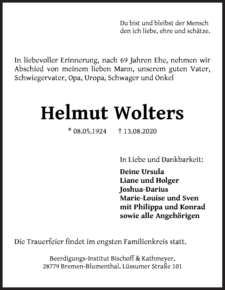 Traueranzeige von Helmut Wolters von Die Norddeutsche