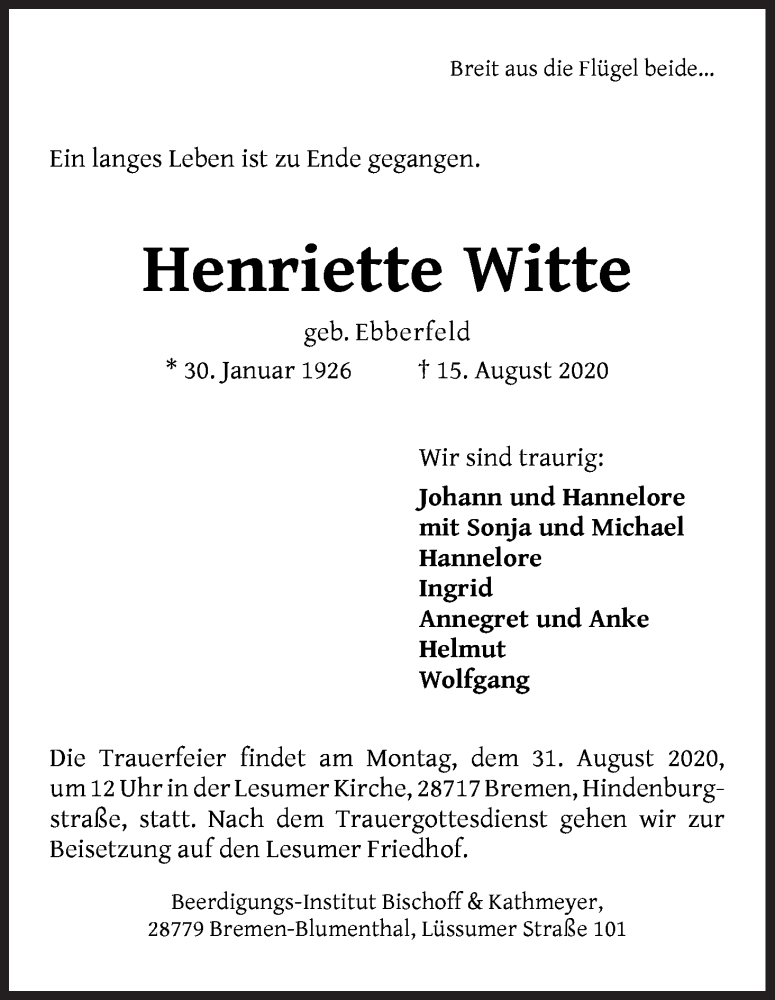 Traueranzeige von Henriette Witte von Die Norddeutsche